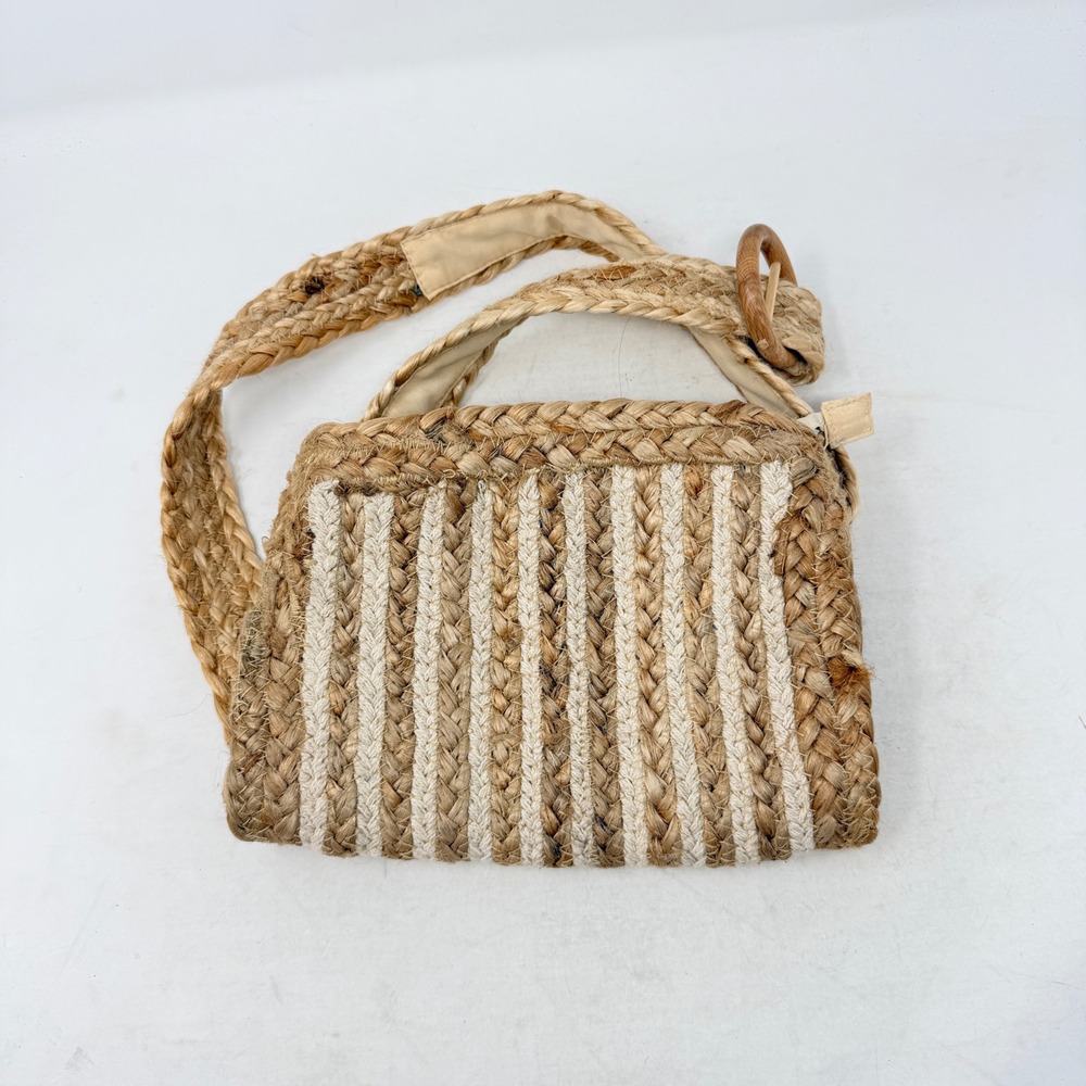Unbranded Belt Bag Tan Small Jute Striped Boho Festival Waist Pack